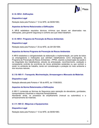 88
6.1.8- NR-8 - Edificações
Dispositivo Legal
Redação dada pela Portaria n° 12 do MTE, de 06/06/1983.
Aspectos da Norma Relacionados a Edificações
A NR-8 estabelece requisitos técnicos mínimos que devem ser observados nas
edificações, para garantir segurança e conforto aos que nelas trabalham.
6.1.9- NR-9 - Programa de Prevenção de Riscos Ambientais
Dispositivo Legal
Redação dada pela Portaria n° 25 do MTE, de 29/126/1994.
Aspectos da Norma Programa de Prevenção de Riscos Ambientais
A NR-9 estabelece a obrigatoriedade da elaboração e implementação, por parte de todos
os empregadores e instituições que admitam trabalhadores como empregados, do
Programa de Prevenção de Riscos Ambientais – PPRA, visando a preservação da saúde e
da integridade dos trabalhadores, através da antecipação, reconhecimento, avaliação e
conseqüente controle da ocorrência de riscos ambientais existentes ou que venham a
existir no ambiente de trabalho, tendo em consideração a proteção do meio ambiente e
dos recursos naturais.
6.1.10- NR-11 - Transporte, Movimentação, Armazenagem e Manuseio de Materiais
Dispositivo Legal
Redação alterada pela Portaria n° 56 do MTE, de 17/08/2003.
Aspectos da Norma Relacionados a Edificações
A NR-11 contempla as Normas de Segurança para operação de elevadores, guindastes,
transportadores industriais e máquinas transportadoras.
Abordando ainda, os processos de empilhamento (manual ou automático) e a
armazenamento de materiais.
6.1.11- NR-12 - Máquinas e Equipamentos
Dispositivo Legal
Redação dada pela Portaria n° 12 do MTE, de 06/06/1983.
 