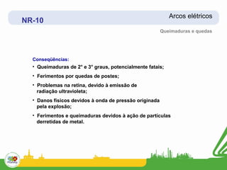 Arcos elétricos
NR-10
                                                        Queimaduras e quedas




  Conseqüências:
  • Queimaduras de 2° e 3° graus, potencialmente fatais;
  • Ferimentos por quedas de postes;
  • Problemas na retina, devido à emissão de
    radiação ultravioleta;
  • Danos físicos devidos à onda de pressão originada
    pela explosão;
  • Ferimentos e queimaduras devidos à ação de partículas
    derretidas de metal.
 