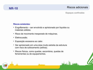 NR-10                                                         Riscos adicionais
                                                         Espaços confinados




  Riscos existentes:
  • Engolfamento – ser envolvido e aprisionado por líquidos ou
    materiais sólidos.
  • Risco de movimento inesperado de máquinas.
  • Eletrocussão.
  • Exposição excessiva ao calor.
  • Ser aprisionado em uma área muito estreita da estrutura
    com risco de sufocamento (asfixia).
  • Riscos físicos, como quedas, escombros, quedas de
    ferramentas ou de equipamentos.
 