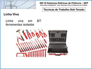 NR-10 Sistemas Elétricos de Potência – SEP
Edem Góes de Magalhães – Eng. Eletricista e Eng. de Segurança do Trabalho
Técnicas de Trabalho Sob Tensão
Linha Viva
Linha viva em BT:
ferramentas isoladas
 