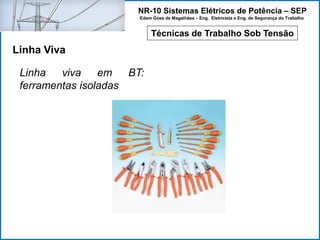 NR-10 Sistemas Elétricos de Potência – SEP
Edem Góes de Magalhães – Eng. Eletricista e Eng. de Segurança do Trabalho
Técnicas de Trabalho Sob Tensão
Linha Viva
Linha viva em BT:
ferramentas isoladas
 