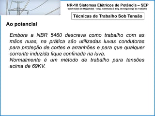 NR-10 Sistemas Elétricos de Potência – SEP
Edem Góes de Magalhães – Eng. Eletricista e Eng. de Segurança do Trabalho
Técnicas de Trabalho Sob Tensão
Ao potencial
Embora a NBR 5460 descreva como trabalho com as
mãos nuas, na prática são utilizadas luvas condutoras
para proteção de cortes e arranhões e para que qualquer
corrente induzida fique confinada na luva.
Normalmente é um método de trabalho para tensões
acima de 69KV.
 
