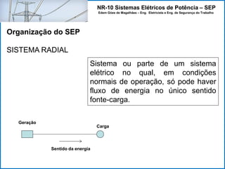 NR-10 Sistemas Elétricos de Potência – SEP
Edem Góes de Magalhães – Eng. Eletricista e Eng. de Segurança do Trabalho
Organização do SEP
SISTEMA RADIAL
Sistema ou parte de um sistema
elétrico no qual, em condições
normais de operação, só pode haver
fluxo de energia no único sentido
fonte-carga.
Geração
Carga
Sentido da energia
 