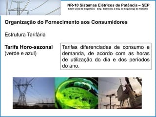 NR-10 Sistemas Elétricos de Potência – SEP
Edem Góes de Magalhães – Eng. Eletricista e Eng. de Segurança do Trabalho
Organização do Fornecimento aos Consumidores
Estrutura Tarifária
Tarifa Horo-sazonal
(verde e azul)
Tarifas diferenciadas de consumo e
demanda, de acordo com as horas
de utilização do dia e dos períodos
do ano.
 