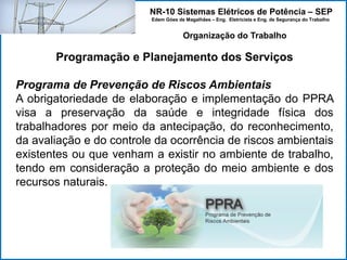 NR-10 Sistemas Elétricos de Potência – SEP
Edem Góes de Magalhães – Eng. Eletricista e Eng. de Segurança do Trabalho
Programação e Planejamento dos Serviços
Programa de Prevenção de Riscos Ambientais
A obrigatoriedade de elaboração e implementação do PPRA
visa a preservação da saúde e integridade física dos
trabalhadores por meio da antecipação, do reconhecimento,
da avaliação e do controle da ocorrência de riscos ambientais
existentes ou que venham a existir no ambiente de trabalho,
tendo em consideração a proteção do meio ambiente e dos
recursos naturais.
Organização do Trabalho
 