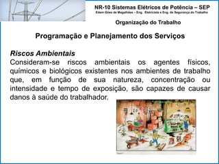 NR-10 Sistemas Elétricos de Potência – SEP
Edem Góes de Magalhães – Eng. Eletricista e Eng. de Segurança do Trabalho
Programação e Planejamento dos Serviços
Riscos Ambientais
Consideram-se riscos ambientais os agentes físicos,
químicos e biológicos existentes nos ambientes de trabalho
que, em função de sua natureza, concentração ou
intensidade e tempo de exposição, são capazes de causar
danos à saúde do trabalhador.
Organização do Trabalho
 