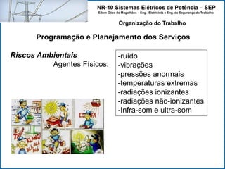 NR-10 Sistemas Elétricos de Potência – SEP
Edem Góes de Magalhães – Eng. Eletricista e Eng. de Segurança do Trabalho
Programação e Planejamento dos Serviços
Riscos Ambientais
Agentes Físicos:
Organização do Trabalho
-ruído
-vibrações
-pressões anormais
-temperaturas extremas
-radiações ionizantes
-radiações não-ionizantes
-Infra-som e ultra-som
 
