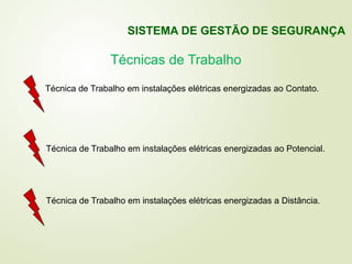 Técnica de Trabalho em instalações elétricas energizadas ao Contato.
Técnica de Trabalho em instalações elétricas energizadas ao Potencial.
Técnica de Trabalho em instalações elétricas energizadas a Distância.
Técnicas de Trabalho
SISTEMA DE GESTÃO DE SEGURANÇA
 