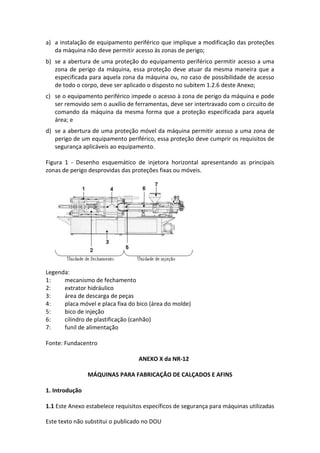 Este texto não substitui o publicado no DOU
a) a instalação de equipamento periférico que implique a modificação das proteções
da máquina não deve permitir acesso às zonas de perigo;
b) se a abertura de uma proteção do equipamento periférico permitir acesso a uma
zona de perigo da máquina, essa proteção deve atuar da mesma maneira que a
especificada para aquela zona da máquina ou, no caso de possibilidade de acesso
de todo o corpo, deve ser aplicado o disposto no subitem 1.2.6 deste Anexo;
c) se o equipamento periférico impede o acesso à zona de perigo da máquina e pode
ser removido sem o auxílio de ferramentas, deve ser intertravado com o circuito de
comando da máquina da mesma forma que a proteção especificada para aquela
área; e
d) se a abertura de uma proteção móvel da máquina permitir acesso a uma zona de
perigo de um equipamento periférico, essa proteção deve cumprir os requisitos de
segurança aplicáveis ao equipamento.
Figura 1 - Desenho esquemático de injetora horizontal apresentando as principais
zonas de perigo desprovidas das proteções fixas ou móveis.
Legenda:
1: mecanismo de fechamento
2: extrator hidráulico
3: área de descarga de peças
4: placa móvel e placa fixa do bico (área do molde)
5: bico de injeção
6: cilindro de plastificação (canhão)
7: funil de alimentação
Fonte: Fundacentro
ANEXO X da NR-12
MÁQUINAS PARA FABRICAÇÃO DE CALÇADOS E AFINS
1. Introdução
1.1 Este Anexo estabelece requisitos específicos de segurança para máquinas utilizadas
 