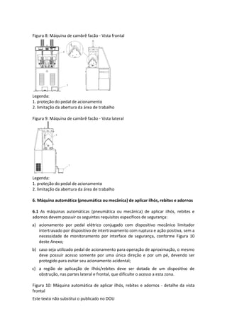 Este texto não substitui o publicado no DOU
Figura 8: Máquina de cambrê facão - Vista frontal
Legenda:
1. proteção do pedal de acionamento
2. limitação da abertura da área de trabalho
Figura 9: Máquina de cambrê facão - Vista lateral
Legenda:
1. proteção do pedal de acionamento
2. limitação da abertura da área de trabalho
6. Máquina automática (pneumática ou mecânica) de aplicar ilhós, rebites e adornos
6.1 As máquinas automáticas (pneumática ou mecânica) de aplicar ilhós, rebites e
adornos devem possuir os seguintes requisitos específicos de segurança:
a) acionamento por pedal elétrico conjugado com dispositivo mecânico limitador
intertravado por dispositivo de intertravamento com ruptura e ação positiva, sem a
necessidade de monitoramento por interface de segurança, conforme Figura 10
deste Anexo;
b) caso seja utilizado pedal de acionamento para operação de aproximação, o mesmo
deve possuir acesso somente por uma única direção e por um pé, devendo ser
protegido para evitar seu acionamento acidental;
c) a região de aplicação de ilhós/rebites deve ser dotada de um dispositivo de
obstrução, nas partes lateral e frontal, que dificulte o acesso a esta zona.
Figura 10: Máquina automática de aplicar ilhós, rebites e adornos - detalhe da vista
frontal
 