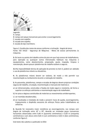 Este texto não substitui o publicado no DOU
Legenda:
A: rampa.
B: rampa com peças transversais para evitar o escorregamento.
C: escada com espelho.
D: escada sem espelho.
E: escada do tipo marinheiro.
Figura 1: Escolha dos meios de acesso conforme a inclinação - ângulo de lance.
Fonte: ISO 14122 - Segurança de Máquinas - Meios de acesso permanentes às
máquinas.
3. Os locais ou postos de trabalho acima do piso em que haja acesso de trabalhadores,
para operação ou quaisquer outras intervenções habituais nas máquinas e
equipamentos, como abastecimento, preparação, ajuste, inspeção, limpeza e
manutenção, devem possuir plataformas de trabalho estáveis e seguras.
3.1 Na impossibilidade técnica de aplicação do previsto no item 3, poderá ser adotado
o uso de plataformas móveis ou elevatórias.
4. As plataformas móveis devem ser estáveis, de modo a não permitir sua
movimentação ou tombamento durante a realização do trabalho.
5. As passarelas, plataformas, rampas e escadas de degraus devem propiciar condições
seguras de trabalho, circulação, movimentação e manuseio de materiais e:
a) ser dimensionadas, construídas e fixadas de modo seguro e resistente, de forma a
suportar os esforços solicitantes e movimentação segura do trabalhador;
b) ter pisos e degraus constituídos de materiais ou revestimentos antiderrapantes;
c) ser mantidas desobstruídas;
d) ser localizadas e instaladas de modo a prevenir riscos de queda, escorregamento,
tropeçamento e dispêndio excessivo de esforços físicos pelos trabalhadores ao
utilizá-las.
6. Quando for necessária maior resistência ao escorregamento, nas rampas com
ângulo de inclinação entre 10° e 20°, deverão ser instaladas peças transversais
horizontais distanciadas entre 0,40 m (quarenta centímetros) e 0,50 m (cinquenta
centímetros) e com altura entre 0,01 m (um centímetro) e 0,02 m (dois centímetros),
conforme Figura 2.
 