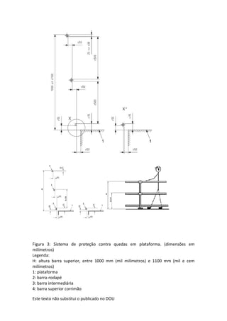 Este texto não substitui o publicado no DOU
Figura 3: Sistema de proteção contra quedas em plataforma. (dimensões em
milímetros)
Legenda:
H: altura barra superior, entre 1000 mm (mil milímetros) e 1100 mm (mil e cem
milímetros)
1: plataforma
2: barra-rodapé
3: barra intermediária
4: barra superior corrimão
 