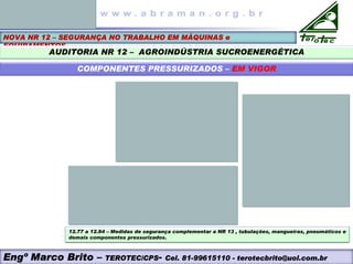 NOVA NR 12 – SEGURANÇA NO TRABALHO EM MÁQUINAS e
EQUIPAMENTOS
AUDITORIA NR 12 – AGROINDÚSTRIA SUCROENERGÉTICA
COMPONENTES PRESSURIZADOS – EM VIGOR
12.77 a 12.84 – Medidas de segurança complementar a NR 13 , tubulações, mangueiras, pneumáticos e
demais componentes pressurizados.
Engº Marco Brito – TEROTEC/CPS- Cel. 81-99615110 - terotecbrito@uol.com.br
 