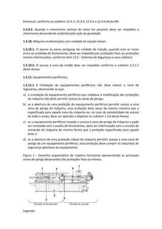 bimanual, conforme os subitens 12.4.3, 12.4.4, 12.4.5 e 12.4.6 desta NR.
1.2.9.2. Quando o movimento vertical da mesa for possível, deve ser impedido o
movimento descendente acidental pela ação da gravidade.
1.2.10. Máquina multiestações com unidade de injeção móvel.
1.2.10.1. O acesso às zonas perigosas da unidade de injeção, quando esta se move
entre as unidades de fechamento, deve ser impedido por proteções fixas ou proteções
móveis intertravadas, conforme item 12.5 - Sistemas de Segurança e seus subitens.
1.2.10.2. O acesso à zona do molde deve ser impedido conforme o subitem 1.2.1.1
deste Anexo.
1.2.11. Equipamentos periféricos.
1.2.11.1 A instalação de equipamentos periféricos não deve reduzir o nível de
segurança, observando-se que:
a) a instalação de equipamento periférico que implique a modificação das proteções
da máquina não deve permitir acesso às zonas de perigo;
b) se a abertura de uma proteção do equipamento periférico permitir acesso a uma
zona de perigo da máquina, essa proteção deve atuar da mesma maneira que a
especificada para aquela zona da máquina ou, no caso de possibilidade de acesso
de todo o corpo, deve ser aplicado o disposto no subitem 1.2.6 deste Anexo;
c) se o equipamento periférico impede o acesso à zona de perigo da máquina e pode
ser removido sem o auxílio de ferramentas, deve ser intertravado com o circuito de
comando da máquina da mesma forma que a proteção especificada para aquela
área; e
d) se a abertura de uma proteção móvel da máquina permitir acesso a uma zona de
perigo de um equipamento periférico, essa proteção deve cumprir os requisitos de
segurança aplicáveis ao equipamento.
Figura 1 - Desenho esquemático de injetora horizontal apresentando as principais
zonas de perigo desprovidas das proteções fixas ou móveis.
Legenda:
 