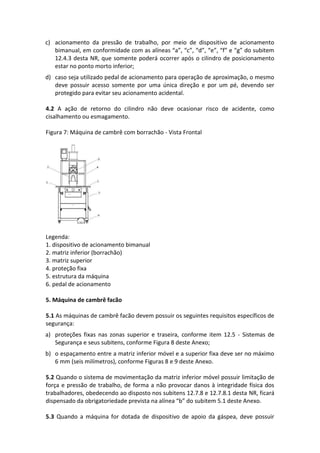c) acionamento da pressão de trabalho, por meio de dispositivo de acionamento
bimanual, em conformidade com as alíneas “a”, “c”, “d”, “e”, “f” e “g” do subitem
12.4.3 desta NR, que somente poderá ocorrer após o cilindro de posicionamento
estar no ponto morto inferior;
d) caso seja utilizado pedal de acionamento para operação de aproximação, o mesmo
deve possuir acesso somente por uma única direção e por um pé, devendo ser
protegido para evitar seu acionamento acidental.
4.2 A ação de retorno do cilindro não deve ocasionar risco de acidente, como
cisalhamento ou esmagamento.
Figura 7: Máquina de cambrê com borrachão - Vista Frontal
Legenda:
1. dispositivo de acionamento bimanual
2. matriz inferior (borrachão)
3. matriz superior
4. proteção fixa
5. estrutura da máquina
6. pedal de acionamento
5. Máquina de cambrê facão
5.1 As máquinas de cambrê facão devem possuir os seguintes requisitos específicos de
segurança:
a) proteções fixas nas zonas superior e traseira, conforme item 12.5 - Sistemas de
Segurança e seus subitens, conforme Figura 8 deste Anexo;
b) o espaçamento entre a matriz inferior móvel e a superior fixa deve ser no máximo
6 mm (seis milímetros), conforme Figuras 8 e 9 deste Anexo.
5.2 Quando o sistema de movimentação da matriz inferior móvel possuir limitação de
força e pressão de trabalho, de forma a não provocar danos à integridade física dos
trabalhadores, obedecendo ao disposto nos subitens 12.7.8 e 12.7.8.1 desta NR, ficará
dispensado da obrigatoriedade prevista na alínea “b” do subitem 5.1 deste Anexo.
5.3 Quando a máquina for dotada de dispositivo de apoio da gáspea, deve possuir
 