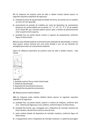 9.1 As máquinas de assentar cama de salto e rebater traseiro devem possuir os
seguintes requisitos específicos de segurança:
a) limitação da força de aproximação do fixador da forma, de acordo com os subitens
12.7.8 e 12.7.8.1 desta NR;
b) acionamento da pressão de trabalho por meio de dispositivo de acionamento
bimanual, em conformidade com as alíneas “a”, ”c”, ”d”, “e”, “f” e “g” do subitem
12.4.3 desta NR, que somente poderá ocorrer após o cilindro de posicionamento
estar no ponto morto superior;
c) proteção fixa nas partes lateral, traseira e superior do equipamento, conforme
Figura 14 deste Anexo.
9.2 Caso seja utilizado pedal de acionamento para operação de aproximação, o mesmo
deve possuir acesso somente por uma única direção e por um pé, devendo ser
protegido para evitar seu acionamento acidental.
Figura 14: Máquina automática de assentar cama de salto e rebater traseiro - vista
frontal
Legenda:
1. proteção superior fixa ou móvel intertravada
2. cilindro de aproximação
3. dispositivo de acionamento bimanual
4. proteção fixa do pedal de acionamento
10. Máquina prato rotativo (dublar)
10.1 As máquinas prato rotativo (dublar) devem possuir os seguintes requisitos
específicos de segurança:
a) proteção fixa, nas partes lateral, superior e traseira da máquina, conforme item
12.5 - Sistemas de Segurança e seus subitens, conforme Figura 15 deste Anexo;
b) proteção fixa frontal, que, conjugada com o dispositivo de restrição mecânica do
prato rotativo, não permita o acesso à zona de risco;
c) prato rotativo dotado de dispositivo de restrição mecânica, conforme Figura 16
deste Anexo;
d) o espaçamento entre o dispositivo de restrição mecânica e o platô de prensagem
 