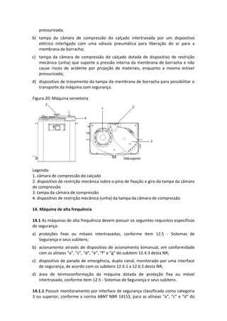 pressurizada;
b) tampa da câmara de compressão do calçado intertravada por um dispositivo
elétrico interligado com uma válvula pneumática para liberação do ar para a
membrana de borracha;
c) tampa da câmara de compressão do calçado dotada de dispositivo de restrição
mecânica (unha) que suporte a pressão interna da membrana de borracha e não
cause riscos de acidente por projeção de materiais, enquanto a mesma estiver
pressurizada;
d) dispositivo de travamento da tampa da membrana de borracha para possibilitar o
transporte da máquina com segurança.
Figura 20: Máquina sorveteira
Legenda:
1. câmara de compressão do calçado
2. dispositivo de restrição mecânica sobre o pino de fixação e giro da tampa da câmara
de compressão
3. tampa da câmara de compressão
4. dispositivo de restrição mecânica (unha) da tampa da câmara de compressão
14. Máquina de alta frequência
14.1 As máquinas de alta frequência devem possuir os seguintes requisitos específicos
de segurança:
a) proteções fixas ou móveis intertravadas, conforme item 12.5 - Sistemas de
Segurança e seus subitens;
b) acionamento através de dispositivo de acionamento bimanual, em conformidade
com as alíneas “a”, “c”, “d”, “e”, “f” e “g” do subitem 12.4.3 desta NR;
c) dispositivo de parada de emergência, duplo canal, monitorado por uma interface
de segurança, de acordo com os subitens 12.6.1 a 12.6.5 desta NR;
d) área de termoconformação da máquina dotada de proteção fixa ou móvel
intertravada, conforme item 12.5 - Sistemas de Segurança e seus subitens.
14.1.1 Possuir monitoramento por interface de segurança classificada como categoria
3 ou superior, conforme a norma ABNT NBR 14153, para as alíneas “a”, “c” e “d” do
 