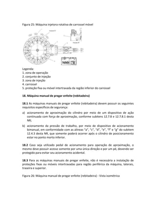 Figura 25: Máquina injetora rotativa de carrossel móvel
Legenda:
1. zona de operação
2. conjunto de injeção
3. zona de injeção
4. carrossel
5. proteção fixa ou móvel intertravada da região inferior do carrossel
18. Máquina manual de pregar enfeite (rebitadeira)
18.1 As máquinas manuais de pregar enfeite (rebitadeira) devem possuir os seguintes
requisitos específicos de segurança:
a) acionamento de aproximação do cilindro por meio de um dispositivo de ação
continuada com força de aproximação, conforme subitens 12.7.8 e 12.7.8.1 desta
NR;
b) acionamento da pressão de trabalho, por meio de dispositivo de acionamento
bimanual, em conformidade com as alíneas “a”, “c”, “d”, “e”, “f” e “g” do subitem
12.4.3 desta NR, que somente poderá ocorrer após o cilindro de posicionamento
estar no ponto morto inferior.
18.2 Caso seja utilizado pedal de acionamento para operação de aproximação, o
mesmo deve possuir acesso somente por uma única direção e por um pé, devendo ser
protegido para evitar seu acionamento acidental.
18.3 Para as máquinas manuais de pregar enfeite, não é necessária a instalação de
proteções fixas ou móveis intertravadas para região periférica da máquina, laterais,
traseira e superior.
Figura 26: Máquina manual de pregar enfeite (rebitadeira) - Vista isométrica
 