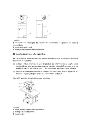 Legenda:
1. dispositivo de obstrução do sistema de aquecimento e aplicação de adesivo
termoplástico
2. proteção do eixo cardã
3. proteção fixa do pedal de acionamento
22. Máquina de carimbar solas e palmilhas
22.1 As máquinas de carimbar solas e palmilhas devem possuir os seguintes requisitos
específicos de segurança:
a) proteção móvel intertravada por dispositivo de intertravamento duplo canal,
monitorada por interface de segurança que atenda à categoria 3, segundo a norma
ABNT NBR 14.153, e conforme item 12.5 - Sistemas de Segurança e seus subitens;
b) pedal de acionamento com acesso somente por uma única direção e por um pé,
devendo ser protegido para evitar seu acionamento acidental.
Figura 30: Máquina de carimbar solas e palmilhas
Legenda:
1. proteção fixa do pedal de acionamento
2. proteção móvel do carimbo
3. mesa retrátil
 