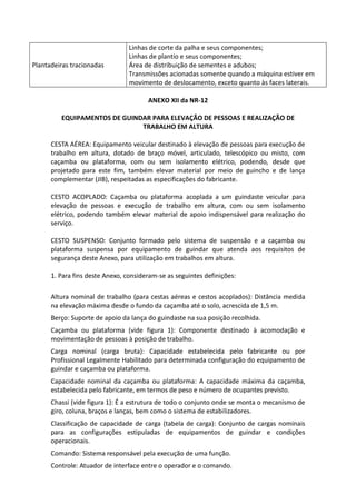 Plantadeiras tracionadas
Linhas de corte da palha e seus componentes;
Linhas de plantio e seus componentes;
Área de distribuição de sementes e adubos;
Transmissões acionadas somente quando a máquina estiver em
movimento de deslocamento, exceto quanto às faces laterais.
ANEXO XII da NR-12
EQUIPAMENTOS DE GUINDAR PARA ELEVAÇÃO DE PESSOAS E REALIZAÇÃO DE
TRABALHO EM ALTURA
CESTA AÉREA: Equipamento veicular destinado à elevação de pessoas para execução de
trabalho em altura, dotado de braço móvel, articulado, telescópico ou misto, com
caçamba ou plataforma, com ou sem isolamento elétrico, podendo, desde que
projetado para este fim, também elevar material por meio de guincho e de lança
complementar (JIB), respeitadas as especificações do fabricante.
CESTO ACOPLADO: Caçamba ou plataforma acoplada a um guindaste veicular para
elevação de pessoas e execução de trabalho em altura, com ou sem isolamento
elétrico, podendo também elevar material de apoio indispensável para realização do
serviço.
CESTO SUSPENSO: Conjunto formado pelo sistema de suspensão e a caçamba ou
plataforma suspensa por equipamento de guindar que atenda aos requisitos de
segurança deste Anexo, para utilização em trabalhos em altura.
1. Para fins deste Anexo, consideram-se as seguintes definições:
Altura nominal de trabalho (para cestas aéreas e cestos acoplados): Distância medida
na elevação máxima desde o fundo da caçamba até o solo, acrescida de 1,5 m.
Berço: Suporte de apoio da lança do guindaste na sua posição recolhida.
Caçamba ou plataforma (vide figura 1): Componente destinado à acomodação e
movimentação de pessoas à posição de trabalho.
Carga nominal (carga bruta): Capacidade estabelecida pelo fabricante ou por
Profissional Legalmente Habilitado para determinada configuração do equipamento de
guindar e caçamba ou plataforma.
Capacidade nominal da caçamba ou plataforma: A capacidade máxima da caçamba,
estabelecida pelo fabricante, em termos de peso e número de ocupantes previsto.
Chassi (vide figura 1): É a estrutura de todo o conjunto onde se monta o mecanismo de
giro, coluna, braços e lanças, bem como o sistema de estabilizadores.
Classificação de capacidade de carga (tabela de carga): Conjunto de cargas nominais
para as configurações estipuladas de equipamentos de guindar e condições
operacionais.
Comando: Sistema responsável pela execução de uma função.
Controle: Atuador de interface entre o operador e o comando.
 