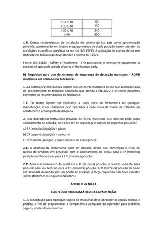> 14  20
> 20  30
80
130
> 30  40
> 40
240
850
1.4. Outras características de instalação de cortina de luz, tais como aproximação
paralela, aproximação em ângulo e equipamentos de dupla posição devem atender às
condições específicas previstas na norma ISO 13855. A aplicação de cortina de luz em
dobradeiras hidráulicas deve atender à norma EN 12622.
Fonte: ISO 13855 - Safety of machinery - The positioning of protective equipment in
respect of approach speeds of parts of the human body.
B) Requisitos para uso de sistemas de segurança de detecção multizona - AOPD
multizona em dobradeiras hidráulicas.
1. As dobradeiras hidráulicas podem possuir AOPD multizona desde que acompanhado
de procedimento de trabalho detalhado que atenda à EN12622 e os testes previstos
conforme as recomendações do fabricante.
1.1. Os testes devem ser realizados a cada troca de ferramenta ou qualquer
manutenção, e ser realizados pelo operador a cada início de turno de trabalho ou
afastamento prolongado da máquina.
2. Nas dobradeiras hidráulicas providas de AOPD multizona que utilizem pedal para
acionamento de descida, este deve ser de segurança e possuir as seguintes posições:
a) 1ª (primeira) posição = parar;
b) 2ª (segunda) posição = operar; e
c) 3ª (terceira) posição = parar em caso de emergência.
2.1. A abertura da ferramenta pode ser ativada, desde que controlado o risco de
queda do produto em processo, com o acionamento do pedal para a 3ª (terceira)
posição ou liberando-o para a 1ª (primeira) posição.
2.2. Após o acionamento do pedal até a 3ª (terceira) posição, o reinício somente será
possível com seu retorno para a 1ª (primeira) posição. A 3ª (terceira) posição só pode
ser acionada passando por um ponto de pressão; a força requerida não deve exceder
350 N (trezentos e cinquenta Newtons).
ANEXO II da NR-12
CONTEÚDO PROGRAMÁTICO DA CAPACITAÇÃO
1. A capacitação para operação segura de máquinas deve abranger as etapas teórica e
prática, a fim de proporcionar a competência adequada do operador para trabalho
seguro, contendo no mínimo:
 