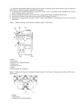 1. As máquinas denominadas balancim de braço móvel manual, ou balancim jacaré, devem possuir, além dos requisitos
desta Norma, os seguintes requisitos específicos de segurança:
a) acionamento por comando bimanual de acordo com os itens 12.26 e 12.28 desta Norma, instalado junto ao braço
móvel, conforme Figura 1 deste Anexo;
b) botão de emergência conforme itens 12.56 a 12.63 e subitens desta Norma, instalado no braço móvel;
c) força para movimentar o braço móvel menor ou igual a 50N (cinquenta Newtons); e
d) altura do piso à superfície de corte igual a 1000 +/- 30mm (mil milímetros, com tolerância de mais ou menos trinta
milímetros).
Figura 1 – Balancim de braço móvel manual ou balancim jacaré - Vista lateral
Legenda:
1: braço móvel
2: dispositivo de comando bimanual
3: base prensora
4: superfície de corte
5: corpo
6: botão de parada de emergência
Figura 2 - Balancim de braço móvel manual ou balancim jacaré. Vista de topo - Posição de giro do braço 180° (cento e
oitenta graus)
Legenda:
1: braço móvel
2: dispositivo de comando bimanual
 