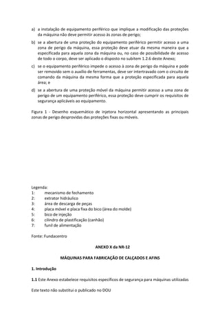Este texto não substitui o publicado no DOU
a) a instalação de equipamento periférico que implique a modificação das proteções
da máquina não deve permitir acesso às zonas de perigo;
b) se a abertura de uma proteção do equipamento periférico permitir acesso a uma
zona de perigo da máquina, essa proteção deve atuar da mesma maneira que a
especificada para aquela zona da máquina ou, no caso de possibilidade de acesso
de todo o corpo, deve ser aplicado o disposto no subitem 1.2.6 deste Anexo;
c) se o equipamento periférico impede o acesso à zona de perigo da máquina e pode
ser removido sem o auxílio de ferramentas, deve ser intertravado com o circuito de
comando da máquina da mesma forma que a proteção especificada para aquela
área; e
d) se a abertura de uma proteção móvel da máquina permitir acesso a uma zona de
perigo de um equipamento periférico, essa proteção deve cumprir os requisitos de
segurança aplicáveis ao equipamento.
Figura 1 - Desenho esquemático de injetora horizontal apresentando as principais
zonas de perigo desprovidas das proteções fixas ou móveis.
Legenda:
1: mecanismo de fechamento
2: extrator hidráulico
3: área de descarga de peças
4: placa móvel e placa fixa do bico (área do molde)
5: bico de injeção
6: cilindro de plastificação (canhão)
7: funil de alimentação
Fonte: Fundacentro
ANEXO X da NR-12
MÁQUINAS PARA FABRICAÇÃO DE CALÇADOS E AFINS
1. Introdução
1.1 Este Anexo estabelece requisitos específicos de segurança para máquinas utilizadas
 