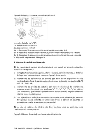 Este texto não substitui o publicado no DOU
Figura 6: Balancim tipo ponte manual - Vista frontal
Legenda - Detalhe “A” e ”B”:
DH. deslocamento horizontal
DV. deslocamento vertical
1 e 2. dispositivo de acionamento bimanual, deslocamento vertical
1 e 3. dispositivo de acionamento bimanual, deslocamento horizontal para a direita
2 e 4. dispositivo de acionamento bimanual, deslocamento horizontal para esquerda
5. dispositivo de parada de emergência
4. Máquina de cambrê com borrachão
4.1 As máquinas de cambrê com borrachão devem possuir os seguintes requisitos
específicos de segurança:
a) proteções fixas nas zonas superior, lateral e traseira, conforme item 12.5 - Sistemas
de Segurança e seus subitens, conforme Figura 7 deste Anexo;
b) acionamento de aproximação do cilindro por meio de um dispositivo de ação
continuada com força de aproximação, obedecendo o disposto nos subitens 12.7.8
e 12.7.8.1 desta NR;
c) acionamento da pressão de trabalho, por meio de dispositivo de acionamento
bimanual, em conformidade com as alíneas “a”, “c”, “d”, “e”, “f” e “g” do subitem
12.4.3 desta NR, que somente poderá ocorrer após o cilindro de posicionamento
estar no ponto morto inferior;
d) caso seja utilizado pedal de acionamento para operação de aproximação, o mesmo
deve possuir acesso somente por uma única direção e por um pé, devendo ser
protegido para evitar seu acionamento acidental.
4.2 A ação de retorno do cilindro não deve ocasionar risco de acidente, como
cisalhamento ou esmagamento.
Figura 7: Máquina de cambrê com borrachão - Vista Frontal
 