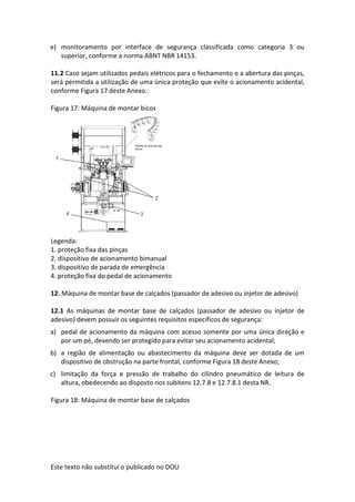Este texto não substitui o publicado no DOU
e) monitoramento por interface de segurança classificada como categoria 3 ou
superior, conforme a norma ABNT NBR 14153.
11.2 Caso sejam utilizados pedais elétricos para o fechamento e a abertura das pinças,
será permitida a utilização de uma única proteção que evite o acionamento acidental,
conforme Figura 17 deste Anexo.
Figura 17: Máquina de montar bicos
Legenda:
1. proteção fixa das pinças
2. dispositivo de acionamento bimanual
3. dispositivo de parada de emergência
4. proteção fixa do pedal de acionamento
12. Máquina de montar base de calçados (passador de adesivo ou injetor de adesivo)
12.1 As máquinas de montar base de calçados (passador de adesivo ou injetor de
adesivo) devem possuir os seguintes requisitos específicos de segurança:
a) pedal de acionamento da máquina com acesso somente por uma única direção e
por um pé, devendo ser protegido para evitar seu acionamento acidental;
b) a região de alimentação ou abastecimento da máquina deve ser dotada de um
dispositivo de obstrução na parte frontal, conforme Figura 18 deste Anexo;
c) limitação da força e pressão de trabalho do cilindro pneumático de leitura de
altura, obedecendo ao disposto nos subitens 12.7.8 e 12.7.8.1 desta NR.
Figura 18: Máquina de montar base de calçados
 