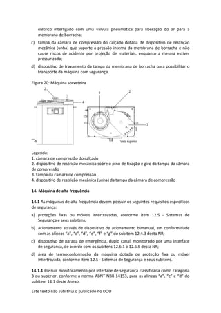 Este texto não substitui o publicado no DOU
elétrico interligado com uma válvula pneumática para liberação do ar para a
membrana de borracha;
c) tampa da câmara de compressão do calçado dotada de dispositivo de restrição
mecânica (unha) que suporte a pressão interna da membrana de borracha e não
cause riscos de acidente por projeção de materiais, enquanto a mesma estiver
pressurizada;
d) dispositivo de travamento da tampa da membrana de borracha para possibilitar o
transporte da máquina com segurança.
Figura 20: Máquina sorveteira
Legenda:
1. câmara de compressão do calçado
2. dispositivo de restrição mecânica sobre o pino de fixação e giro da tampa da câmara
de compressão
3. tampa da câmara de compressão
4. dispositivo de restrição mecânica (unha) da tampa da câmara de compressão
14. Máquina de alta frequência
14.1 As máquinas de alta frequência devem possuir os seguintes requisitos específicos
de segurança:
a) proteções fixas ou móveis intertravadas, conforme item 12.5 - Sistemas de
Segurança e seus subitens;
b) acionamento através de dispositivo de acionamento bimanual, em conformidade
com as alíneas “a”, “c”, “d”, “e”, “f” e “g” do subitem 12.4.3 desta NR;
c) dispositivo de parada de emergência, duplo canal, monitorado por uma interface
de segurança, de acordo com os subitens 12.6.1 a 12.6.5 desta NR;
d) área de termoconformação da máquina dotada de proteção fixa ou móvel
intertravada, conforme item 12.5 - Sistemas de Segurança e seus subitens.
14.1.1 Possuir monitoramento por interface de segurança classificada como categoria
3 ou superior, conforme a norma ABNT NBR 14153, para as alíneas “a”, “c” e “d” do
subitem 14.1 deste Anexo.
 