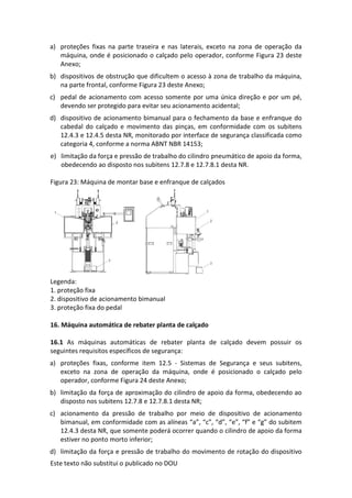 Este texto não substitui o publicado no DOU
a) proteções fixas na parte traseira e nas laterais, exceto na zona de operação da
máquina, onde é posicionado o calçado pelo operador, conforme Figura 23 deste
Anexo;
b) dispositivos de obstrução que dificultem o acesso à zona de trabalho da máquina,
na parte frontal, conforme Figura 23 deste Anexo;
c) pedal de acionamento com acesso somente por uma única direção e por um pé,
devendo ser protegido para evitar seu acionamento acidental;
d) dispositivo de acionamento bimanual para o fechamento da base e enfranque do
cabedal do calçado e movimento das pinças, em conformidade com os subitens
12.4.3 e 12.4.5 desta NR, monitorado por interface de segurança classificada como
categoria 4, conforme a norma ABNT NBR 14153;
e) limitação da força e pressão de trabalho do cilindro pneumático de apoio da forma,
obedecendo ao disposto nos subitens 12.7.8 e 12.7.8.1 desta NR.
Figura 23: Máquina de montar base e enfranque de calçados
Legenda:
1. proteção fixa
2. dispositivo de acionamento bimanual
3. proteção fixa do pedal
16. Máquina automática de rebater planta de calçado
16.1 As máquinas automáticas de rebater planta de calçado devem possuir os
seguintes requisitos específicos de segurança:
a) proteções fixas, conforme item 12.5 - Sistemas de Segurança e seus subitens,
exceto na zona de operação da máquina, onde é posicionado o calçado pelo
operador, conforme Figura 24 deste Anexo;
b) limitação da força de aproximação do cilindro de apoio da forma, obedecendo ao
disposto nos subitens 12.7.8 e 12.7.8.1 desta NR;
c) acionamento da pressão de trabalho por meio de dispositivo de acionamento
bimanual, em conformidade com as alíneas “a”, “c”, “d”, “e”, “f” e “g” do subitem
12.4.3 desta NR, que somente poderá ocorrer quando o cilindro de apoio da forma
estiver no ponto morto inferior;
d) limitação da força e pressão de trabalho do movimento de rotação do dispositivo
 