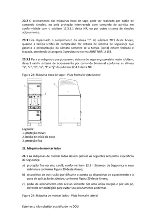 Este texto não substitui o publicado no DOU
20.2 O acionamento das máquinas boca de sapo pode ser realizado por botão de
comando simples, ou pela proteção intertravada com comando de partida em
conformidade com o subitem 12.5.8.1 desta NR, ou por outro sistema de simples
acionamento.
20.3 Fica dispensado o cumprimento da alínea “c” do subitem 20.1 deste Anexo,
quando a tampa (coifa) de compressão for dotada de sistema de segurança que
garanta a pressurização da câmara somente se a tampa (coifa) estiver fechada e
travada, atendendo à categoria 3 prevista na norma ABNT NBR 14153.
20.3.1 Para as máquinas que possuam o sistema de segurança previsto neste subitem,
deverá existir sistema de acionamento por comando bimanual conforme as alíneas
“a”, “c”, “d”, “e”, “f” e “g” do subitem 12.4.3 desta NR.
Figura 28: Máquina boca de sapo - Vista frontal e vista lateral
Legenda:
1. proteção móvel
2. botão de início do ciclo
3. proteção fixa
21. Máquina de montar lados
21.1 As máquinas de montar lados devem possuir os seguintes requisitos específicos
de segurança:
a) proteção fixa no eixo cardã, conforme item 12.5 - Sistemas de Segurança e seus
subitens e conforme Figura 29 deste Anexo;
b) dispositivo de obstrução que dificulte o acesso ao dispositivo de aquecimento e à
zona de aplicação de adesivo, conforme Figura 29 deste Anexo;
c) pedal de acionamento com acesso somente por uma única direção e por um pé,
devendo ser protegido para evitar seu acionamento acidental.
Figura 29: Máquina de montar lados - Vista frontal e lateral
 