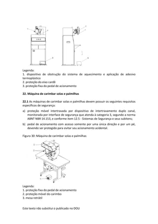 Este texto não substitui o publicado no DOU
Legenda:
1. dispositivo de obstrução do sistema de aquecimento e aplicação de adesivo
termoplástico
2. proteção do eixo cardã
3. proteção fixa do pedal de acionamento
22. Máquina de carimbar solas e palmilhas
22.1 As máquinas de carimbar solas e palmilhas devem possuir os seguintes requisitos
específicos de segurança:
a) proteção móvel intertravada por dispositivo de intertravamento duplo canal,
monitorada por interface de segurança que atenda à categoria 3, segundo a norma
ABNT NBR 14.153, e conforme item 12.5 - Sistemas de Segurança e seus subitens;
b) pedal de acionamento com acesso somente por uma única direção e por um pé,
devendo ser protegido para evitar seu acionamento acidental.
Figura 30: Máquina de carimbar solas e palmilhas
Legenda:
1. proteção fixa do pedal de acionamento
2. proteção móvel do carimbo
3. mesa retrátil
 