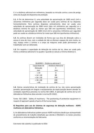 Este texto não substitui o publicado no DOU
C: é a distância adicional em milímetros, baseada na intrusão contra a zona de perigo
antes da atuação do dispositivo de proteção.
1.1. A fim de determinar K, uma velocidade de aproximação de 1600 mm/s (mil e
seiscentos milímetros por segundo) deve ser usada para cortinas de luz dispostas
horizontalmente. Para cortinas dispostas verticalmente, deve ser usada uma
velocidade de aproximação de 2000 mm/s (dois mil milímetros por segundo) se a
distância mínima for igual ou menor que 500 mm (quinhentos milímetros). Uma
velocidade de aproximação de 1600 mm/s (mil e seiscentos milímetros por segundo)
pode ser usada se a distância mínima for maior que 500 mm (quinhentos milímetros).
1.2. As cortinas devem ser instaladas de forma que sua área de detecção cubra o
acesso à zona de risco, com o cuidado de não se oferecer espaços de zona morta, ou
seja, espaço entre a cortina e o corpo da máquina onde pode permanecer um
trabalhador sem ser detectado.
1.3. Em respeito à capacidade de detecção da cortina de luz, deve ser usada pelo
menos a distância adicional C no quadro I quando se calcula a mínima distância S.
QUADRO I - Distância adicional C
Capacidade de
Detecção
mm
Distância Adicional
C
mm
 14
> 14  20
> 20  30
0
80
130
> 30  40
> 40
240
850
1.4. Outras características de instalação de cortina de luz, tais como aproximação
paralela, aproximação em ângulo e equipamentos de dupla posição devem atender às
condições específicas previstas na norma ISO 13855. A aplicação de cortina de luz em
dobradeiras hidráulicas deve atender à norma EN 12622.
Fonte: ISO 13855 - Safety of machinery - The positioning of protective equipment in
respect of approach speeds of parts of the human body.
B) Requisitos para uso de sistemas de segurança de detecção multizona - AOPD
multizona em dobradeiras hidráulicas.
1. As dobradeiras hidráulicas podem possuir AOPD multizona desde que acompanhado
de procedimento de trabalho detalhado que atenda à EN12622 e os testes previstos
conforme as recomendações do fabricante.
 