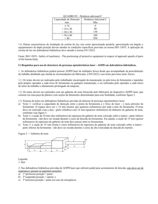 QUADRO IV - Distância adicional C
Capacidade de Detecção
mm
Distância Adicional C
Mm
≤ 14
> 14 ≤ 20
> 20 ≤ 30
0
80
130
> 30 ≤ 40
> 40
240
850
1.4. Outras características de instalação de cortina de luz, tais como aproximação paralela, aproximação em ângulo e
equipamentos de dupla posição devem atender às condições específicas previstas na norma ISO 13855. A aplicação de
cortina de luz em dobradeiras hidráulicas deve atender à norma EN 12622.
Fonte: ISO 13855 - Safety of machinery - The positioning of protective equipment in respect of approach speeds of parts
of the human body.
C) Requisitos para uso de detectores de presença optoeletrônicos laser - AOPD em dobradeiras hidráulicas.
1. As dobradeiras hidráulicas podem possuir AOPD laser de múltiplos feixes desde que acompanhado de procedimento
de trabalho detalhado que atenda às recomendações do fabricante, à EN12622 e aos testes previstos neste Anexo.
1.1. Os testes devem ser realizados pelo trabalhador encarregado da manutenção ou pela troca de ferramenta e repetidos
pelo próprio operador a cada troca de ferramenta ou qualquer manutenção, e ser realizados pelo operador a cada início
de turno de trabalho e afastamento prolongado da máquina.
1.2. Os testes devem ser realizados com um gabarito de teste fornecido pelo fabricante do dispositivo AOPD laser, que
consiste em uma peça de plástico com seções de dimensões determinadas para esta finalidade, conforme figura 3.
1.3. Sistema de testes em dobradeiras hidráulicas providas de detector de presença optoeletrônico laser:
a) Teste 1: verificar a capacidade de detecção entre a ponta da ferramenta e o feixe de laser - o mais próximo da
ferramenta. O espaço deve ser ≤ 14 mm (menor que quatorze milímetros) por toda a área da ferramenta. O teste
deve ser realizado com a alça - parte cilíndrica com 14 mm (quatorze milímetros) de diâmetro do gabarito de teste,
conforme veja figura 3;
b) Teste 2: a seção de 10 mm (dez milímetros) de espessura do gabarito de teste colocado sobre a matriz - parte inferior
da ferramenta - não deve ser tocada durante o curso de descida da ferramenta. Em adição, a seção de 15 mm (quinze
milímetros) de espessura do gabarito de teste deve passar entre as ferramentas.
c) Teste 3: a seção de 35 mm (trinta e cinco milímetros) de espessura do gabarito de teste colocado sobre a matriz -
parte inferior da ferramenta - não deve ser tocada durante o curso de alta velocidade de descida do martelo.
Figura 3 — Gabarito de teste
Legenda:
1: alça
2. Nas dobradeiras hidráulicas providas de AOPD laser que utilizem pedal para acionamento de descida, este deve ser de
segurança e possuir as seguintes posições:
a) 1ª (primeira) posição = parar;
b) 2ª (segunda) posição = operar; e
c) 3ª (terceira) posição = parar em caso de emergência.
 