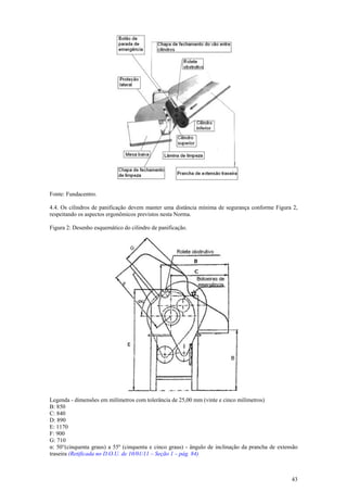 43
Fonte: Fundacentro.
4.4. Os cilindros de panificação devem manter uma distância mínima de segurança conforme Figura 2,
respeitando os aspectos ergonômicos previstos nesta Norma.
Figura 2: Desenho esquemático do cilindro de panificação.
Legenda - dimensões em milímetros com tolerância de 25,00 mm (vinte e cinco milímetros)
B: 850
C: 840
D: 890
E: 1170
F: 900
G: 710
α: 50°(cinquenta graus) a 55º (cinquenta e cinco graus) - ângulo de inclinação da prancha de extensão
traseira (Retificada no D.O.U. de 10/01/11 – Seção 1 – pág. 84)
 