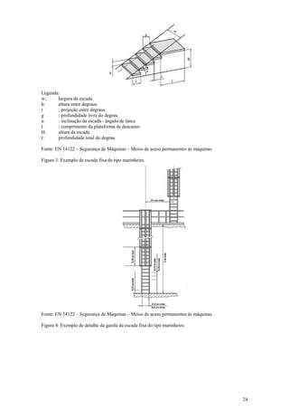 24
Legenda:
w: largura da escada
h: altura entre degraus
r : projeção entre degraus
g : profundidade livre do degrau
α : inclinação da escada - ângulo de lance
l : comprimento da plataforma de descanso
H: altura da escada
t: profundidade total do degrau
Fonte: EN 14122 – Segurança de Máquinas – Meios de aceso permanentes às máquinas.
Figura 3: Exemplo de escada fixa do tipo marinheiro.
Fonte: EN 14122 – Segurança de Máquinas – Meios de aceso permanentes às máquinas.
Figura 4: Exemplo de detalhe da gaiola da escada fixa do tipo marinheiro.
 