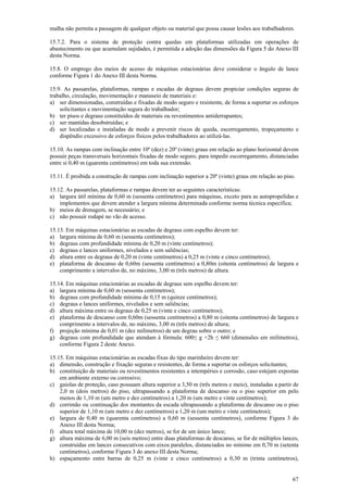 67
malha não permita a passagem de qualquer objeto ou material que possa causar lesões aos trabalhadores.
15.7.2. Para o sistema de proteção contra quedas em plataformas utilizadas em operações de
abastecimento ou que acumulam sujidades, é permitida a adoção das dimensões da Figura 5 do Anexo III
desta Norma.
15.8. O emprego dos meios de acesso de máquinas estacionárias deve considerar o ângulo de lance
conforme Figura 1 do Anexo III desta Norma.
15.9. As passarelas, plataformas, rampas e escadas de degraus devem propiciar condições seguras de
trabalho, circulação, movimentação e manuseio de materiais e:
a) ser dimensionadas, construídas e fixadas de modo seguro e resistente, de forma a suportar os esforços
solicitantes e movimentação segura do trabalhador;
b) ter pisos e degraus constituídos de materiais ou revestimentos antiderrapantes;
c) ser mantidas desobstruídas; e
d) ser localizadas e instaladas de modo a prevenir riscos de queda, escorregamento, tropeçamento e
dispêndio excessivo de esforços físicos pelos trabalhadores ao utilizá-las.
15.10. As rampas com inclinação entre 10º (dez) e 20º (vinte) graus em relação ao plano horizontal devem
possuir peças transversais horizontais fixadas de modo seguro, para impedir escorregamento, distanciadas
entre si 0,40 m (quarenta centímetros) em toda sua extensão.
15.11. É proibida a construção de rampas com inclinação superior a 20º (vinte) graus em relação ao piso.
15.12. As passarelas, plataformas e rampas devem ter as seguintes características:
a) largura útil mínima de 0,60 m (sessenta centímetros) para máquinas, exceto para as autopropelidas e
implementos que devem atender a largura mínima determinada conforme norma técnica especifica;
b) meios de drenagem, se necessário; e
c) não possuir rodapé no vão de acesso.
15.13. Em máquinas estacionárias as escadas de degraus com espelho devem ter:
a) largura mínima de 0,60 m (sessenta centímetros);
b) degraus com profundidade mínima de 0,20 m (vinte centímetros);
c) degraus e lances uniformes, nivelados e sem saliências;
d) altura entre os degraus de 0,20 m (vinte centímetros) a 0,25 m (vinte e cinco centímetros);
e) plataforma de descanso de 0,60m (sessenta centímetros) a 0,80m (oitenta centímetros) de largura e
comprimento a intervalos de, no máximo, 3,00 m (três metros) de altura.
15.14. Em máquinas estacionárias as escadas de degraus sem espelho devem ter:
a) largura mínima de 0,60 m (sessenta centímetros);
b) degraus com profundidade mínima de 0,15 m (quinze centímetros);
c) degraus e lances uniformes, nivelados e sem saliências;
d) altura máxima entre os degraus de 0,25 m (vinte e cinco centímetros);
e) plataforma de descanso com 0,60m (sessenta centímetros) a 0,80 m (oitenta centímetros) de largura e
comprimento a intervalos de, no máximo, 3,00 m (três metros) de altura;
f) projeção mínima de 0,01 m (dez milímetros) de um degrau sobre o outro; e
g) degraus com profundidade que atendam à fórmula: 600≤ g +2h ≤ 660 (dimensões em milímetros),
conforme Figura 2 deste Anexo.
15.15. Em máquinas estacionárias as escadas fixas do tipo marinheiro devem ter:
a) dimensão, construção e fixação seguras e resistentes, de forma a suportar os esforços solicitantes;
b) constituição de materiais ou revestimentos resistentes a intempéries e corrosão, caso estejam expostas
em ambiente externo ou corrosivo;
c) gaiolas de proteção, caso possuam altura superior a 3,50 m (três metros e meio), instaladas a partir de
2,0 m (dois metros) do piso, ultrapassando a plataforma de descanso ou o piso superior em pelo
menos de 1,10 m (um metro e dez centímetros) a 1,20 m (um metro e vinte centímetros);
d) corrimão ou continuação dos montantes da escada ultrapassando a plataforma de descanso ou o piso
superior de 1,10 m (um metro e dez centímetros) a 1,20 m (um metro e vinte centímetros);
e) largura de 0,40 m (quarenta centímetros) a 0,60 m (sessenta centímetros), conforme Figura 3 do
Anexo III desta Norma;
f) altura total máxima de 10,00 m (dez metros), se for de um único lance;
g) altura máxima de 6,00 m (seis metros) entre duas plataformas de descanso, se for de múltiplos lances,
construídas em lances consecutivos com eixos paralelos, distanciados no mínimo em 0,70 m (setenta
centímetros), conforme Figura 3 do anexo III desta Norma;
h) espaçamento entre barras de 0,25 m (vinte e cinco centímetros) a 0,30 m (trinta centímetros),
 