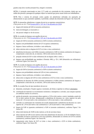 10
guarda corpo deve receber proteção fixa, integral e resistente.
12.71.1. A proteção mencionada no item 12.71 pode ser constituída de tela resistente, desde que sua
malha não permita a passagem de qualquer objeto ou material que possa causar lesões aos trabalhadores.
12.72. Para o sistema de proteção contra quedas em plataformas utilizadas em operações de
abastecimento ou que acumulam sujidades, é permitida a adoção das dimensões da Figura 5 do Anexo III.
12.73. As passarelas, plataformas e rampas devem ter as seguintes características:
(Vide prazos no Art. 4ª da Portaria SIT n.º 197, de 17 de dezembro de 2010)
a) largura útil mínima de 0,60 m (sessenta centímetros);
b) meios de drenagem, se necessário; e
c) não possuir rodapé no vão de acesso.
12.74. As escadas de degraus sem espelho devem ter:
(Vide prazos no Art. 4ª da Portaria SIT n.º 197, de 17 de dezembro de 2010)
a) largura de 0,60 m (sessenta centímetros) a 0,80 m (oitenta centímetros);
b) degraus com profundidade mínima de 0,15 m (quinze centímetros);
c) degraus e lances uniformes, nivelados e sem saliências;
d) altura máxima entre os degraus de 0,25 m (vinte e cinco centímetros);
e) plataforma de descanso com 0,60m (sessenta centímetros) a 0,80 m (oitenta centímetros) de largura e
comprimento a intervalos de, no máximo, 3,00 m (três metros) de altura;
f) projeção mínima de 0,01 m (dez milímetros) de um degrau sobre o outro; e
g) degraus com profundidade que atendam à fórmula: 600≤ g +2h ≤ 660 (dimensões em milímetros),
conforme Figura 2 do Anexo III.
12.75. As escadas de degraus com espelho devem ter:
(Vide prazos no Art. 4ª da Portaria SIT n.º 197, de 17 de dezembro de 2010)
a) largura de 0,60 m (sessenta centímetros) a 0,80 m (oitenta centímetros);
b) degraus com profundidade mínima de 0,20 m (vinte centímetros);
c) degraus e lances uniformes, nivelados e sem saliências;
d) altura entre os degraus de 0,20 m (vinte centímetros) a 0,25 m (vinte e cinco centímetros);
e) plataforma de descanso de 0,60m (sessenta centímetros) a 0,80m (oitenta centímetros) de largura e
comprimento a intervalos de, no máximo, 3,00 m (três metros) de altura.
12.76. As escadas fixas do tipo marinheiro devem ter:
a) dimensão, construção e fixação seguras e resistentes, de forma a suportar os esforços solicitantes;
b) constituição de materiais ou revestimentos resistentes a intempéries e corrosão, caso estejam expostas
em ambiente externo ou corrosivo;
c) gaiolas de proteção, caso possuam altura superior a 3,50 m (três metros e meio), instaladas a partir de
2,0 m (dois metros) do piso, ultrapassando a plataforma de descanso ou o piso superior em pelo
menos de 1,10 m (um metro e dez centímetros) a 1,20 m (um metro e vinte centímetros);
d) corrimão ou continuação dos montantes da escada ultrapassando a plataforma de descanso ou o piso
superior de 1,10 m (um metro e dez centímetros) a 1,20 m (um metro e vinte centímetros);
e) largura de 0,40 m (quarenta centímetros) a 0,60 m (sessenta centímetros), conforme Figura 3 do
Anexo III;
f) altura total máxima de 10,00 m (dez metros), se for de um único lance;
g) altura máxima de 6,00 m (seis metros) entre duas plataformas de descanso, se for de múltiplos lances,
construídas em lances consecutivos com eixos paralelos, distanciados no mínimo em 0,70 m (setenta
centímetros), conforme Figura 3 do Anexo III;
h) espaçamento entre barras de 0,25 m (vinte e cinco centímetros) a 0,30 m (trinta centímetros),
conforme Figura 3 do Anexo III;
 