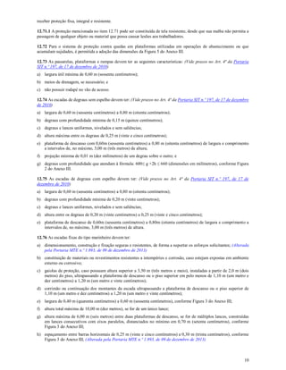 10
receber proteção fixa, integral e resistente.
12.71.1 A proteção mencionada no item 12.71 pode ser constituída de tela resistente, desde que sua malha não permita a
passagem de qualquer objeto ou material que possa causar lesões aos trabalhadores.
12.72 Para o sistema de proteção contra quedas em plataformas utilizadas em operações de abastecimento ou que
acumulam sujidades, é permitida a adoção das dimensões da Figura 5 do Anexo III.
12.73 As passarelas, plataformas e rampas devem ter as seguintes características: (Vide prazos no Art. 4ª da Portaria
SIT n.º 197, de 17 de dezembro de 2010)
a) largura útil mínima de 0,60 m (sessenta centímetros);
b) meios de drenagem, se necessário; e
c) não possuir rodapé no vão de acesso.
12.74 As escadas de degraus sem espelho devem ter: (Vide prazos no Art. 4ª da Portaria SIT n.º 197, de 17 de dezembro
de 2010)
a) largura de 0,60 m (sessenta centímetros) a 0,80 m (oitenta centímetros);
b) degraus com profundidade mínima de 0,15 m (quinze centímetros);
c) degraus e lances uniformes, nivelados e sem saliências;
d) altura máxima entre os degraus de 0,25 m (vinte e cinco centímetros);
e) plataforma de descanso com 0,60m (sessenta centímetros) a 0,80 m (oitenta centímetros) de largura e comprimento
a intervalos de, no máximo, 3,00 m (três metros) de altura;
f) projeção mínima de 0,01 m (dez milímetros) de um degrau sobre o outro; e
g) degraus com profundidade que atendam à fórmula: 600≤ g +2h ≤ 660 (dimensões em milímetros), conforme Figura
2 do Anexo III.
12.75 As escadas de degraus com espelho devem ter: (Vide prazos no Art. 4ª da Portaria SIT n.º 197, de 17 de
dezembro de 2010)
a) largura de 0,60 m (sessenta centímetros) a 0,80 m (oitenta centímetros);
b) degraus com profundidade mínima de 0,20 m (vinte centímetros);
c) degraus e lances uniformes, nivelados e sem saliências;
d) altura entre os degraus de 0,20 m (vinte centímetros) a 0,25 m (vinte e cinco centímetros);
e) plataforma de descanso de 0,60m (sessenta centímetros) a 0,80m (oitenta centímetros) de largura e comprimento a
intervalos de, no máximo, 3,00 m (três metros) de altura.
12.76 As escadas fixas do tipo marinheiro devem ter:
a) dimensionamento, construção e fixação seguras e resistentes, de forma a suportar os esforços solicitantes; (Alterada
pela Portaria MTE n.º 1.893, de 09 de dezembro de 2013)
b) constituição de materiais ou revestimentos resistentes a intempéries e corrosão, caso estejam expostas em ambiente
externo ou corrosivo;
c) gaiolas de proteção, caso possuam altura superior a 3,50 m (três metros e meio), instaladas a partir de 2,0 m (dois
metros) do piso, ultrapassando a plataforma de descanso ou o piso superior em pelo menos de 1,10 m (um metro e
dez centímetros) a 1,20 m (um metro e vinte centímetros);
d) corrimão ou continuação dos montantes da escada ultrapassando a plataforma de descanso ou o piso superior de
1,10 m (um metro e dez centímetros) a 1,20 m (um metro e vinte centímetros);
e) largura de 0,40 m (quarenta centímetros) a 0,60 m (sessenta centímetros), conforme Figura 3 do Anexo III;
f) altura total máxima de 10,00 m (dez metros), se for de um único lance;
g) altura máxima de 6,00 m (seis metros) entre duas plataformas de descanso, se for de múltiplos lances, construídas
em lances consecutivos com eixos paralelos, distanciados no mínimo em 0,70 m (setenta centímetros), conforme
Figura 3 do Anexo III;
h) espaçamento entre barras horizontais de 0,25 m (vinte e cinco centímetros) a 0,30 m (trinta centímetros), conforme
Figura 3 do Anexo III; (Alterada pela Portaria MTE n.º 1.893, de 09 de dezembro de 2013)
 