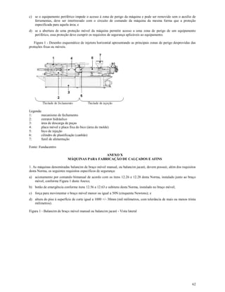 62
c) se o equipamento periférico impede o acesso à zona de perigo da máquina e pode ser removido sem o auxílio de
ferramentas, deve ser intertravado com o circuito de comando da máquina da mesma forma que a proteção
especificada para aquela área; e
d) se a abertura de uma proteção móvel da máquina permitir acesso a uma zona de perigo de um equipamento
periférico, essa proteção deve cumprir os requisitos de segurança aplicáveis ao equipamento.
Figura 1 - Desenho esquemático de injetora horizontal apresentando as principais zonas de perigo desprovidas das
proteções fixas ou móveis.
Legenda:
1: mecanismo de fechamento
2: extrator hidráulico
3: área de descarga de peças
4: placa móvel e placa fixa do bico (área do molde)
5: bico de injeção
6: cilindro de plastificação (canhão)
7: funil de alimentação
Fonte: Fundacentro
ANEXO X
MÁQUINAS PARA FABRICAÇÃO DE CALÇADOS E AFINS
1. As máquinas denominadas balancim de braço móvel manual, ou balancim jacaré, devem possuir, além dos requisitos
desta Norma, os seguintes requisitos específicos de segurança:
a) acionamento por comando bimanual de acordo com os itens 12.26 e 12.28 desta Norma, instalado junto ao braço
móvel, conforme Figura 1 deste Anexo;
b) botão de emergência conforme itens 12.56 a 12.63 e subitens desta Norma, instalado no braço móvel;
c) força para movimentar o braço móvel menor ou igual a 50N (cinquenta Newtons); e
d) altura do piso à superfície de corte igual a 1000 +/- 30mm (mil milímetros, com tolerância de mais ou menos trinta
milímetros).
Figura 1 - Balancim de braço móvel manual ou balancim jacaré - Vista lateral
 