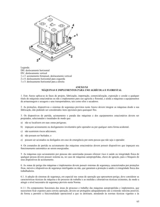 65
Legenda:
DH: deslocamento horizontal
DV: deslocamento vertical
1 e 2: acionamento bimanual, deslocamento vertical
2 e 4: deslocamento horizontal para esquerda
1 e 3: deslocamento horizontal para a direita
ANEXO XI
MÁQUINAS E IMPLEMENTOS PARA USO AGRÍCOLA E FLORESTAL
1. Este Anexo aplica-se às fases de projeto, fabricação, importação, comercialização, exposição e cessão a qualquer
título de máquinas estacionárias ou não e implementos para uso agrícola e florestal, e ainda a máquinas e equipamentos
de armazenagem e secagem e seus transportadores, tais como silos e secadores.
2. As proteções, dispositivos e sistemas de segurança previstos neste Anexo devem integrar as máquinas desde a sua
fabricação, não podendo ser considerados itens opcionais para quaisquer fins.
3. Os dispositivos de partida, acionamento e parada das máquinas e dos equipamentos estacionários devem ser
projetados, selecionados e instalados de modo que:
a) não se localizem em suas zonas perigosas;
b) impeçam acionamento ou desligamento involuntário pelo operador ou por qualquer outra forma acidental;
c) não acarretem riscos adicionais;
d) não possam ser burlados; e
e) possam ser acionados ou desligados em caso de emergência por outra pessoa que não seja o operador.
4. Os comandos de partida ou acionamento das máquinas estacionárias devem possuir dispositivos que impeçam seu
funcionamento automático ao serem energizadas.
5. As máquinas cujo acionamento por pessoas não autorizadas possam oferecer risco à saúde ou integridade física de
qualquer pessoa devem possuir sistema ou, no caso de máquinas autopropelidas, chave de ignição, para o bloqueio de
seus dispositivos de acionamento.
6. As zonas de perigo das máquinas e implementos devem possuir sistemas de segurança, caracterizados por proteções
fixas, móveis e dispositivos de segurança interligados ou não, que garantam a proteção à saúde e à integridade física dos
trabalhadores.
6.1. A adoção de sistemas de segurança, em especial nas zonas de operação que apresentem perigo, deve considerar as
características técnicas da máquina e do processo de trabalho e as medidas e alternativas técnicas existentes, de modo a
atingir o nível necessário de segurança previsto nesta Norma.
6.1.1. Os componentes funcionais das áreas de processo e trabalho das máquinas autopropelidas e implementos, que
necessitem ficar expostos para correta operação, devem ser protegidos adequadamente até a extensão máxima possível,
de forma a permitir a funcionalidade operacional a que se destinam, atendendo às normas técnicas vigentes e às
 