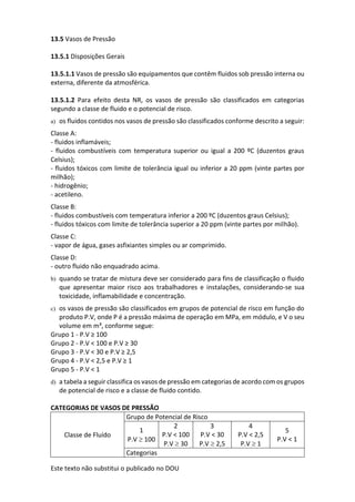 Este texto não substitui o publicado no DOU
13.5 Vasos de Pressão
13.5.1 Disposições Gerais
13.5.1.1 Vasos de pressão são equipamentos que contêm fluidos sob pressão interna ou
externa, diferente da atmosférica.
13.5.1.2 Para efeito desta NR, os vasos de pressão são classificados em categorias
segundo a classe de fluido e o potencial de risco.
a) os fluidos contidos nos vasos de pressão são classificados conforme descrito a seguir:
Classe A:
- fluidos inflamáveis;
- fluidos combustíveis com temperatura superior ou igual a 200 ºC (duzentos graus
Celsius);
- fluidos tóxicos com limite de tolerância igual ou inferior a 20 ppm (vinte partes por
milhão);
- hidrogênio;
- acetileno.
Classe B:
- fluidos combustíveis com temperatura inferior a 200 ºC (duzentos graus Celsius);
- fluidos tóxicos com limite de tolerância superior a 20 ppm (vinte partes por milhão).
Classe C:
- vapor de água, gases asfixiantes simples ou ar comprimido.
Classe D:
- outro fluido não enquadrado acima.
b) quando se tratar de mistura deve ser considerado para fins de classificação o fluido
que apresentar maior risco aos trabalhadores e instalações, considerando-se sua
toxicidade, inflamabilidade e concentração.
c) os vasos de pressão são classificados em grupos de potencial de risco em função do
produto P.V, onde P é a pressão máxima de operação em MPa, em módulo, e V o seu
volume em m³, conforme segue:
Grupo 1 - P.V ≥ 100
Grupo 2 - P.V < 100 e P.V ≥ 30
Grupo 3 - P.V < 30 e P.V ≥ 2,5
Grupo 4 - P.V < 2,5 e P.V ≥ 1
Grupo 5 - P.V < 1
d) a tabela a seguir classifica os vasos de pressão em categorias de acordo com os grupos
de potencial de risco e a classe de fluido contido.
CATEGORIAS DE VASOS DE PRESSÃO
Classe de Fluído
Grupo de Potencial de Risco
1
P.V  100
2
P.V < 100
P.V  30
3
P.V < 30
P.V  2,5
4
P.V < 2,5
P.V  1
5
P.V < 1
Categorias
 