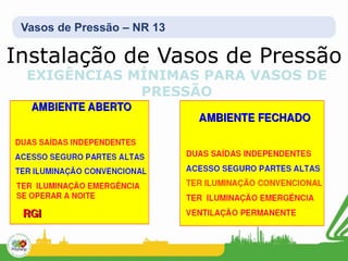 Vasos de Pressão – NR 13
Instalação de Vasos de Pressão
EXIGÊNCIAS MÍNIMAS PARA VASOS DE
PRESSÃO
 