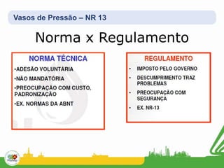 Vasos de Pressão – NR 13
Norma x Regulamento
 