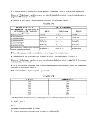 3. As medições devem ser efetuadas no local onde permanece o trabalhador, à altura da região do corpo mais atingida.
Limites de Tolerância para exposição ao calor, em regime de trabalho intermitente com períodos de descanso no
próprio local de prestação de serviço.
1. Em função do índice obtido, o regime de trabalho intermitente será definido no Quadro N.º 1.
QUADRO N.º 1
REGIME DE TRABALHO
INTERMITENTE COM DESCANSO NO
PRÓPRIO LOCAL DE TRABALHO
(por hora)
TIPO DE ATIVIDADE
LEVE MODERADA PESADA
Trabalho contínuo até 30,0 até 26,7 até 25,0
45 minutos trabalho
15 minutos descanso
30,1 a 30,5 26,8 a 28,0 25,1 a 25,9
30 minutos trabalho
30 minutos descanso
30,7 a 31,4 28,1 a 29,4 26,0 a 27,9
15 minutos trabalho
45 minutos descanso
31,5 a 32,2 29,5 a 31,1 28,0 a 30,0
Não é permitido o trabalho, sem a adoção de
medidas adequadas de controle
acima de 32,2 acima de 31,1 acima de 30,0
2. Os períodos de descanso serão considerados tempo de serviço para todos os efeitos legais.
3. A determinação do tipo de atividade (Leve, Moderada ou Pesada) é feita consultando-se o Quadro n.º 3.
Limites de Tolerância para exposição ao calor, em regime de trabalho intermitente com período de descanso em
outro local (local de descanso).
1. Para os fins deste item, considera-se como local de descanso ambiente termicamente mais ameno, com o trabalhador
em repouso ou exercendo atividade leve.
2. Os limites de tolerância são dados segundo o Quadro n.º 2.
QUADRO N.° 2
M (Kcal/h) MÁXIMO IBUTG
175
200
250
300
350
400
450
500
30,5
30,0
28,5
27,5
26,5
26,0
25,5
25,0
Onde: M é a taxa de metabolismo média ponderada para uma hora, determinada pela seguinte fórmula:
M = Mt x Tt + Md x Td
60
Sendo:
Mt - taxa de metabolismo no local de trabalho.
Tt - soma dos tempos, em minutos, em que se permanece no local de trabalho.
 