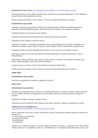 Manipulação do negro de fumo. (Excluído pela Portaria DNSST n.º 9, de 09 de outubro de 1992)
Fabricação de fenóis, cresóis, naftóis, nitroderivados, aminoderivados, derivados halogenados e outras substâncias
tóxicas derivadas de hidrocarbonetos cíclicos.
Pintura a pistola com esmaltes, tintas, vernizes e solventes contendo hidrocarbonetos aromáticos.
Insalubridade de grau médio
Emprego de defensivos organoclorados: DDT (diclorodifeniltricloretano) DDD (diclorodifenildicloretano),
metoxicloro (dimetoxidifeniltricloretano), BHC (hexacloreto de benzeno) e seus compostos e isômeros.
Emprego de defensivos derivados do ácido carbônico.
Emprego de aminoderivados de hidrocarbonetos aromáticos (homólogos da anilina).
Emprego de cresol, naftaleno e derivados tóxicos.
Emprego de isocianatos na formação de poliuretanas (lacas de desmoldagem, lacas de dupla composição, lacas
protetoras de madeira e metais, adesivos especiais e outros produtos à base de poliisocianetos e poliuretanas).
Emprego de produtos contendo hidrocarbonetos aromáticos como solventes ou em limpeza de peças.
Fabricação de artigos de borracha, de produtos para impermeabilização e de tecidos impermeáveis à base de
hidrocarbonetos.
Fabricação de linóleos, celulóides, lacas, tintas, esmaltes, vernizes, solventes, colas, artefatos de ebonite, guta-
percha, chapéus de palha e outros à base de hidrocarbonetos.
Limpeza de peças ou motores com óleo diesel aplicado sob pressão (nebulização).
Pintura a pincel com esmaltes, tintas e vernizes em solvente contendo hidrocarbonetos aromáticos.
MERCÚRIO
Insalubridade de grau máximo
Fabricação e manipulação de compostos orgânicos de mercúrio.
SILICATOS
Insalubridade de grau máximo
Operações que desprendam poeira de silicatos em trabalhos permanentes no subsolo, em minas e túneis (operações
de corte, furação, desmonte, carregamentos e outras atividades exercidas no local do desmonte e britagem no
subsolo).
Operações de extração, trituração e moagem de talco.
Fabricação de material refratário, como refratários para fôrmas, chaminés e cadinhos; recuperação de resíduos.
SUBSTÂNCIAS CANCERÍGENAS
(Alterado pela Portaria SSST n.º14, de 20 de dezembro de 1995)
Para as substâncias ou processos as seguir relacionados, não deve ser permitida nenhuma exposição ou contato, por
qualquer via:
- 4 - amino difenil (p-xenilamina);
- Produção de Benzidina;
- Betanaftilamina;
- 4 - nitrodifenil,
Entende-se por nenhuma exposição ou contato significa hermetizar o processo ou operação, através dos melhores
métodos praticáveis de engenharia, sendo que o trabalhador deve ser protegido adequadamente de modo a não
 