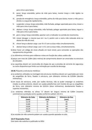 Este texto não substitui o publicado no DOU
para cima e para baixo;
III. parar: braço estendido; palma da mão para baixo; manter braço e mão rígidos na
posição;
IV. parada de emergência: braço estendido; palma da mão para baixo; mover a mão para a
direita e a esquerda rapidamente;
V. suspender a lança: braço estendido; mão fechada, polegar apontado para cima; mover a
mão para cima e para baixo;
VI. abaixar a lança: braço estendido; mão fechada; polegar apontado para baixo; erguer a
mão para cima e para baixo;
VII. girar a lança: braço estendido; apontar com o indicador no sentido do movimento;
VIII. mover devagar: o mesmo que em I ou II, porém com a outra mão colocada atrás ou
abaixo da mão de sinal;
IX. elevar lança e abaixar carga: usar III e V com as duas mãos simultaneamente;
X. abaixar lança e elevar carga: usar I e VI, com as duas mãos, simultaneamente;
b) deve haver um código de sinais afixado em local visível, para comandar as operações dos
equipamentos de guindar.
c) os diâmetros mínimos para roldanas e eixos em função dos cabos usados são:
d) peças com mais de 2,00m (dois metros) de comprimento devem ser amarradas na estrutura
do elevador;
e) as caçambas devem ser construídas de chapas de aço e providas de corrente de segurança
ou outro dispositivo que limite sua inclinação por ocasião da descarga.
18.36.7 Quanto a estruturas metálicas:
a) os andaimes utilizados na montagem de estruturas metálicas devem ser suportados por meio
de vergalhões de ferro, fixados à estrutura, com diâmetro mínimo de 0,018m (dezoito
milímetros);
b) em locais de estrutura, onde, por razões técnicas, não se puder empregar os andaimes
citados na alínea anterior, devem ser usadas plataformas com tirantes de aço ou vergalhões
de ferro, com diâmetro mínimo de 0,012m (doze milímetros), devidamente fixados a
suportes resistentes;
c) os andaimes referidos na alínea "a" devem ter largura mínima de 0,90m (noventa
centímetros) e proteção contra quedas conforme subitem 18.13.5.
Diâmetro do Cabo
(mm)
Diâmetro da Roldana
(cm)
Diâmetro do Eixo
(mm)
12,70 30 30
15,80 35 40
19,00 40 43
22,20 46 49
25,40 51 55
d) as escadas de mão somente podem ser usadas quando apoiadas no solo.
18.37 Disposições Finais
 