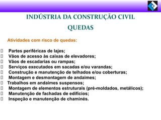 INDÚSTRIA DA CONSTRUÇÃO CIVIL
QUEDAS
Atividades com risco de quedas:
Partes periféricas de lajes;
Vãos de acesso às caixas de elevadores;
Vãos de escadarias ou rampas;
Serviços executados em sacadas e/ou varandas;
Construção e manutenção de telhados e/ou coberturas;
Montagem e desmontagem de andaimes;
Trabalhos em andaimes suspensos;
Montagem de elementos estruturais (pré-moldados, metálicos);
Manutenção de fachadas de edifícios;
Inspeção e manutenção de chaminés.
 