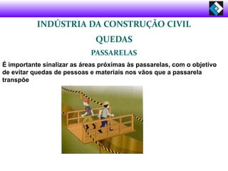INDÚSTRIA DA CONSTRUÇÃO CIVIL
QUEDAS
PASSARELAS
É importante sinalizar as áreas próximas às passarelas, com o objetivo
de evitar quedas de pessoas e materiais nos vãos que a passarela
transpõe
 
